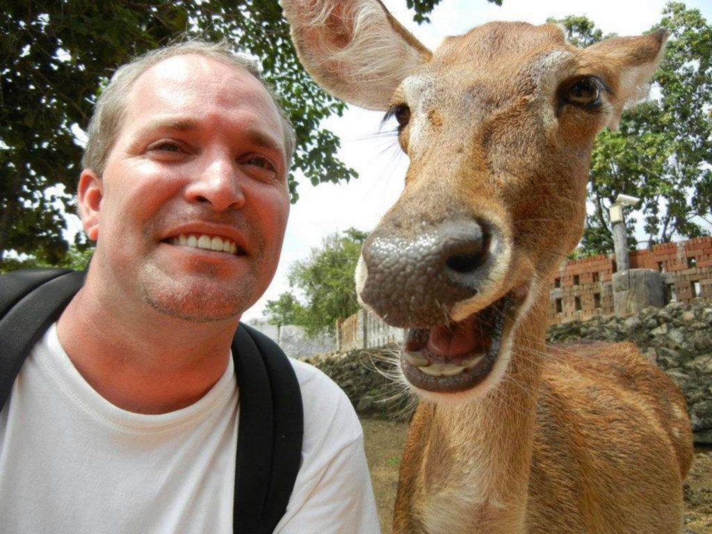 selfie with a smiling deer in Thailand