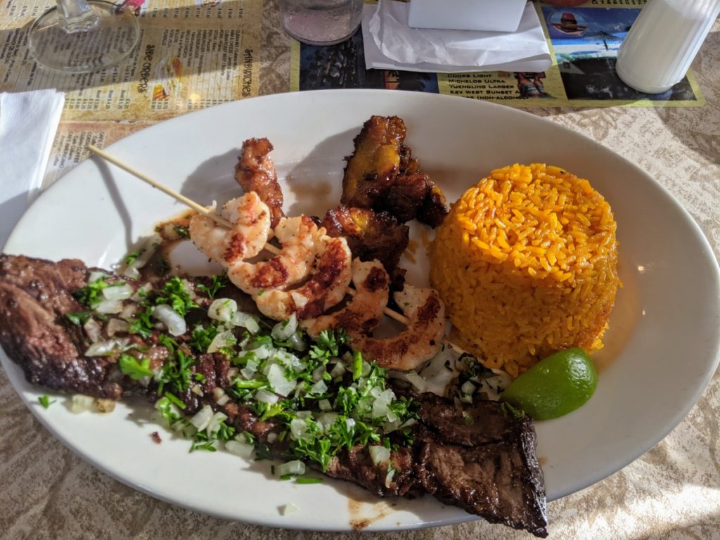 Cuban steak and shrimp food plate 