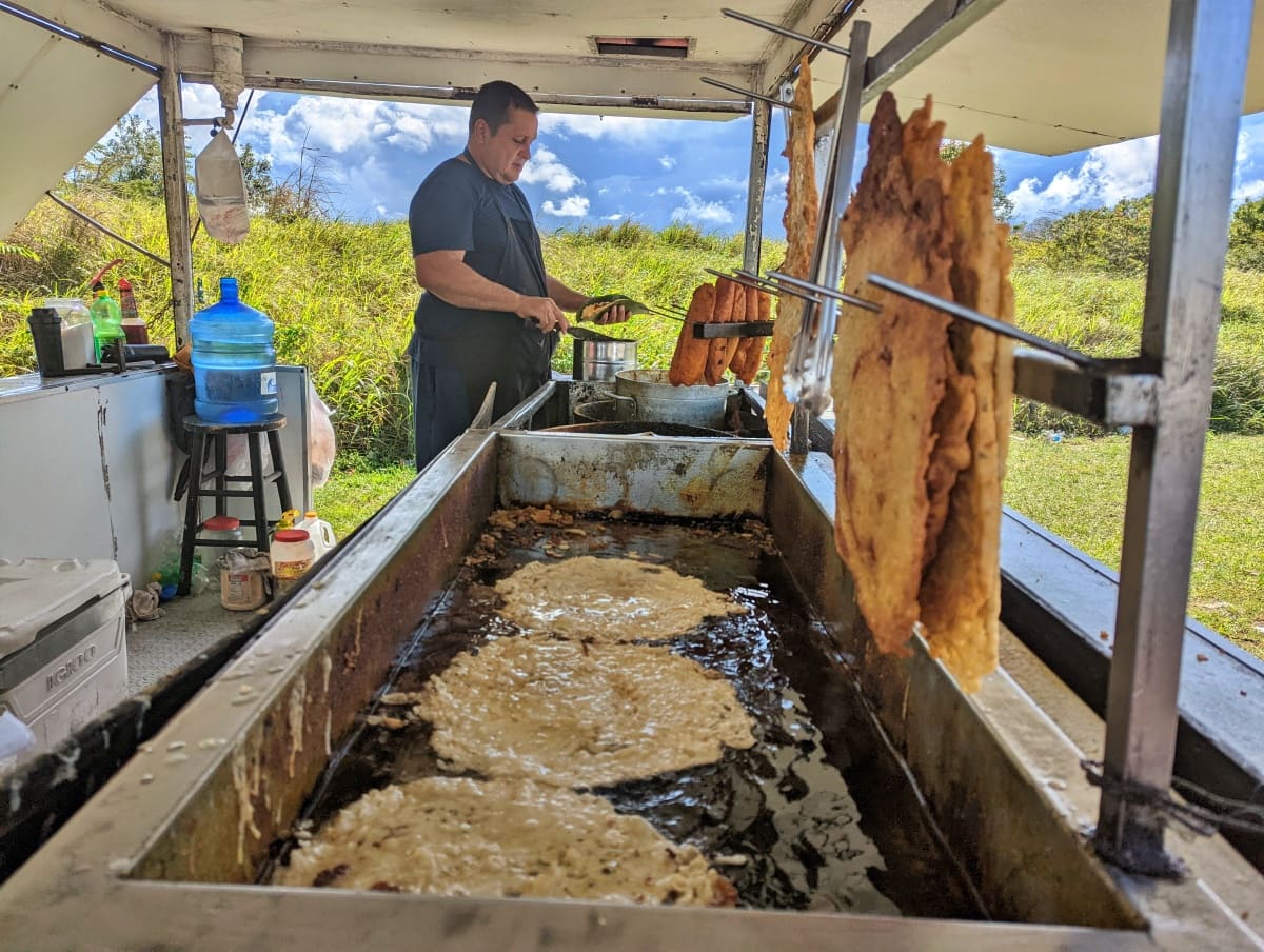Bacalaitos frying at a roadside stand in Puerto Rico