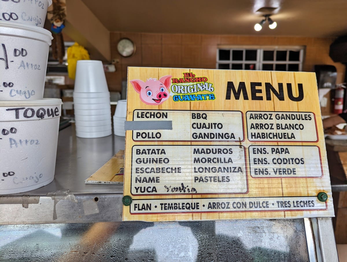 menu at El Rancho Original on la ruta del lechon