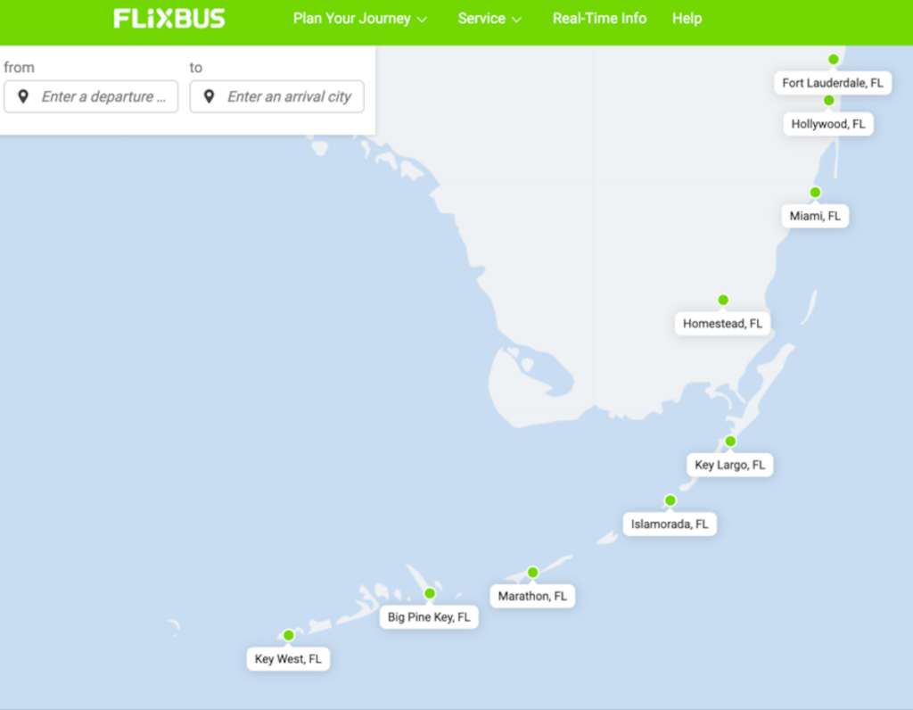 FlixBus route map showing stops between Fort Lauderdale and Key West